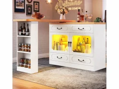 New Mueble bar extensible - 135/203 x 39 x 92,8 cm - mesa giratoria con LED + 4 cajones - MDF - Mueble Bar