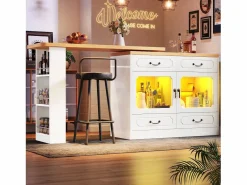New Mueble bar extensible - 135/203 x 39 x 92,8 cm - mesa giratoria con LED + 4 cajones - MDF - Mueble Bar