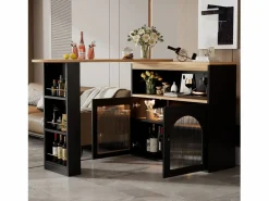 Online Merax Mueble bar giratorio - 2 puertas, 3 estantes de almacenamiento y nicho - Tapa efecto madera MDF - LED - Natural y Negro