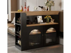 Online Merax Mueble bar giratorio - 2 puertas, 3 estantes de almacenamiento y nicho - Tapa efecto madera MDF - LED - Natural y Negro