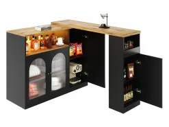 Merax Mueble Bar Giratorio - 4 Puertas y Estantes de Almacenamiento - LEDs - Madera MDF - y Natural