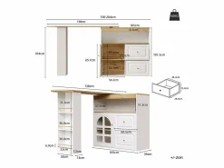 Mueble bar giratorio - Mesa de bar extensible con 2 cajones y 1 puerta de cristal - almacenamiento abierto -