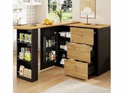 Online Mueble bar giratorio - Mesa de bar extensible con 3 cajones y 1 puerta - almacenamiento abierto - Negro