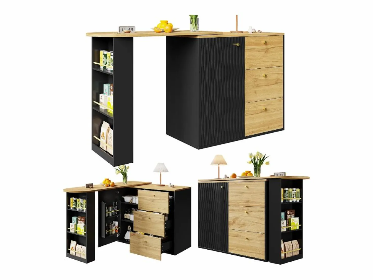 Online Mueble bar giratorio - Mesa de bar extensible con 3 cajones y 1 puerta - almacenamiento abierto - Negro