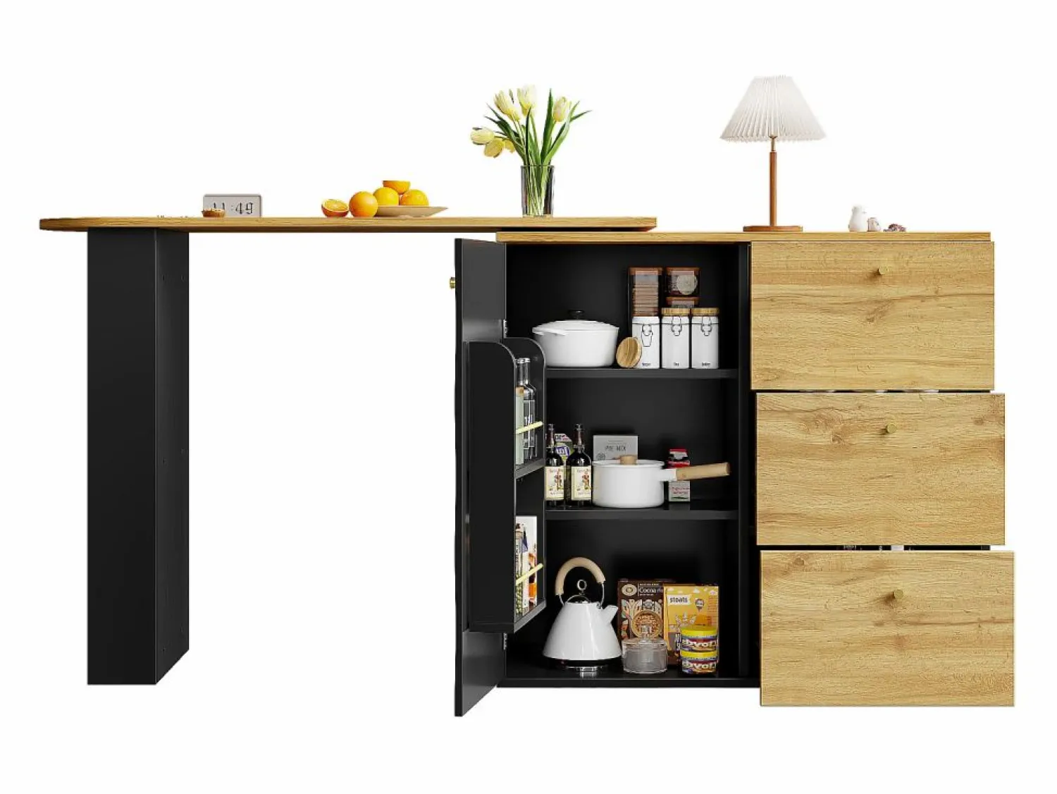 Online Mueble bar giratorio - Mesa de bar extensible con 3 cajones y 1 puerta - almacenamiento abierto - Negro