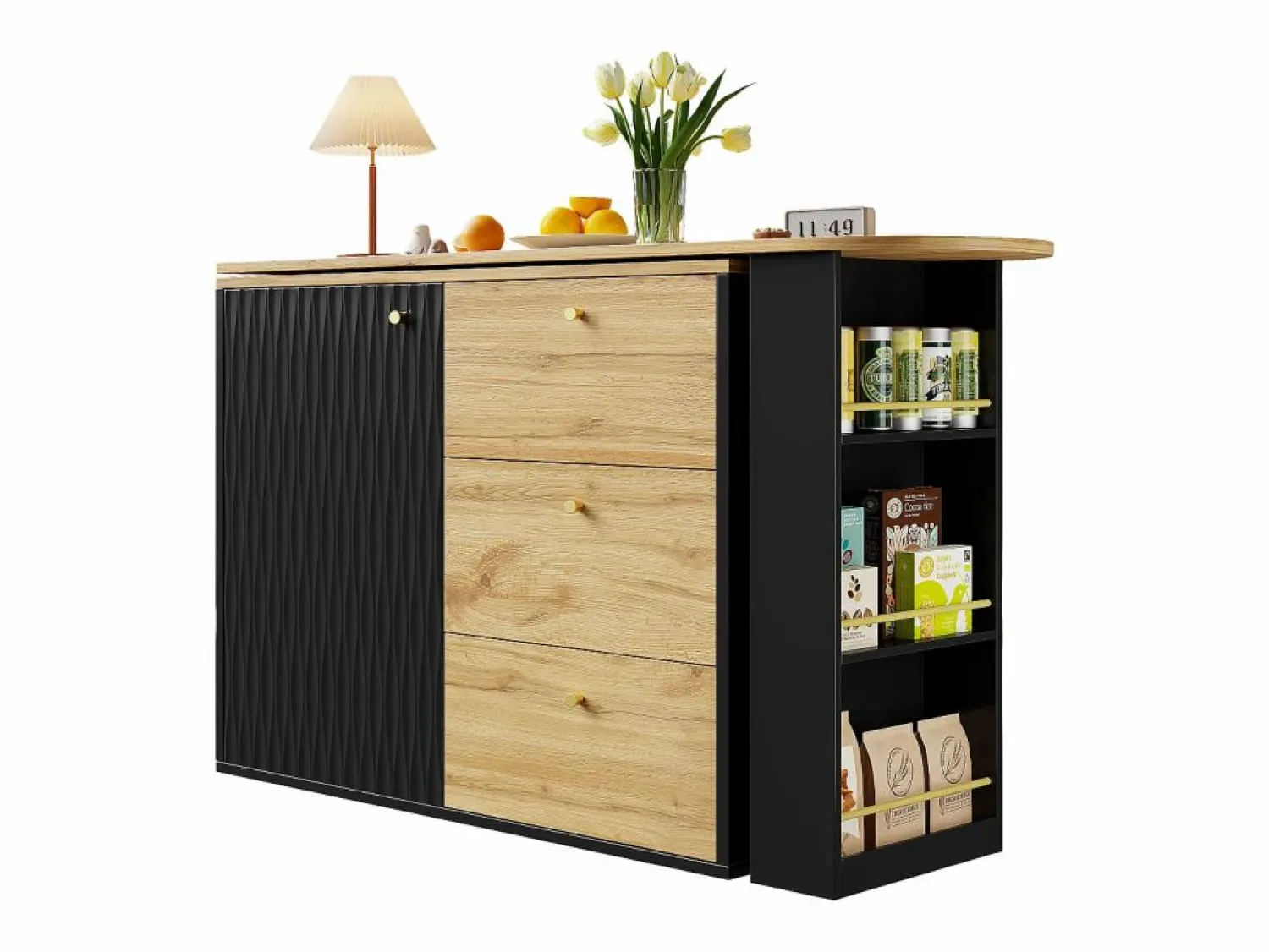 Online Mueble bar giratorio - Mesa de bar extensible con 3 cajones y 1 puerta - almacenamiento abierto - Negro