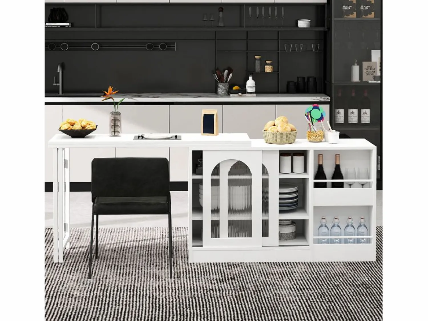 Online Mueble bar giratorio - Mesa de bar con 2 puertas de cristal y 2 compartimentos de almacenamiento abiertos - parte superior giratoria Blanco