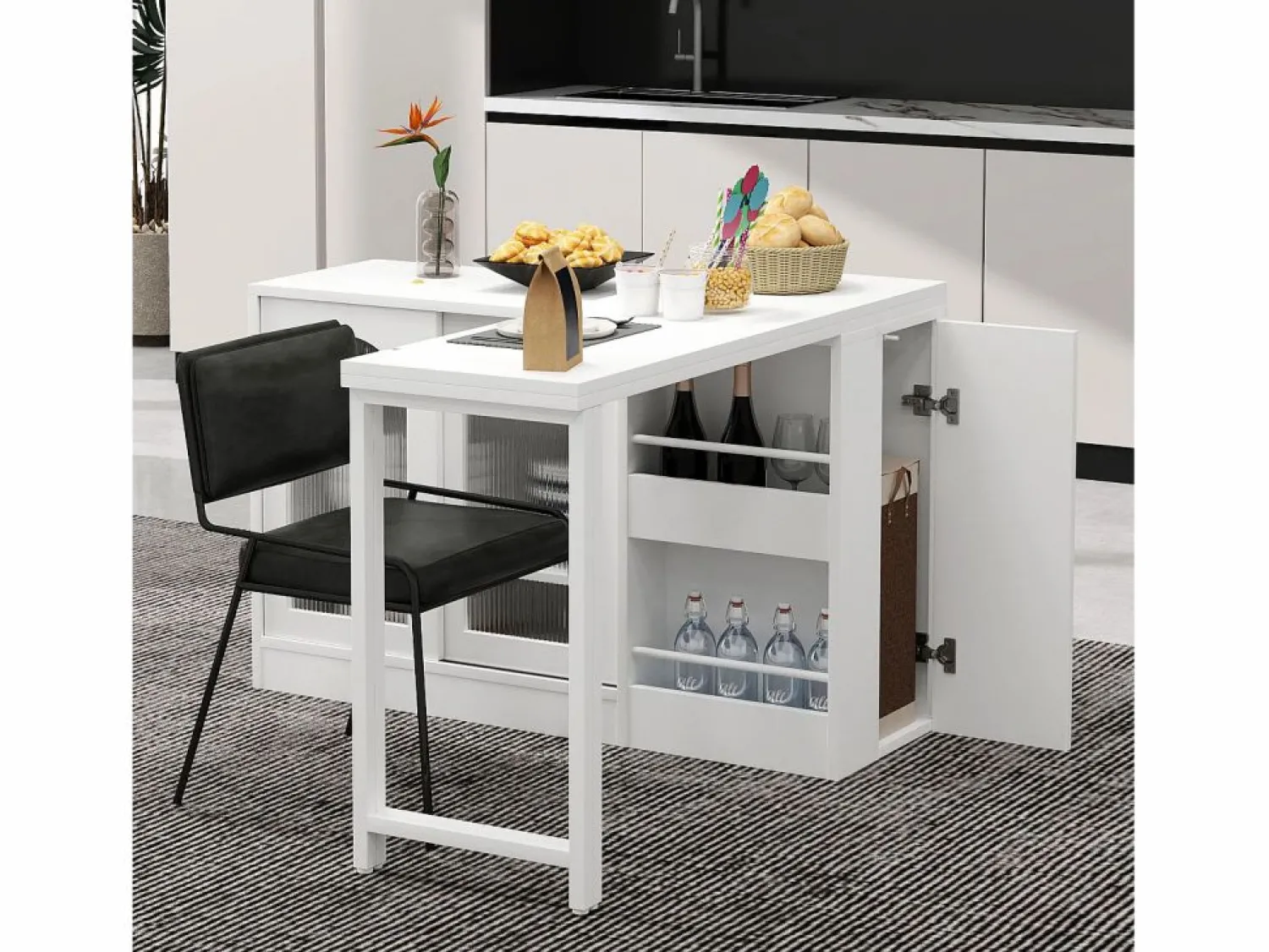 Online Mueble bar giratorio - Mesa de bar con 2 puertas de cristal y 2 compartimentos de almacenamiento abiertos - parte superior giratoria Blanco