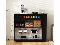 New Hauss Spole Mueble bar giratorio con enchufes, iluminación LED y tablero perforado - Negro