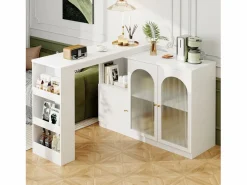 Best Hauss Spole Mueble bar giratorio con 3 puertas, 2 de ellas de cristal, estantes abiertos incluidos, cuerpo - 120x40x103cm Blanco