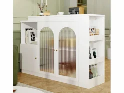 Best Hauss Spole Mueble bar giratorio con 3 puertas, 2 de ellas de cristal, estantes abiertos incluidos, cuerpo - 120x40x103cm Blanco