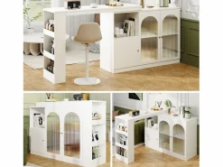 Best Hauss Spole Mueble bar giratorio con 3 puertas, 2 de ellas de cristal, estantes abiertos incluidos, cuerpo - 120x40x103cm Blanco