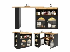 Discount Hauss Spole Mueble bar giratorio con iluminación LED y 2 puertas de cristal - y natural claro Negro