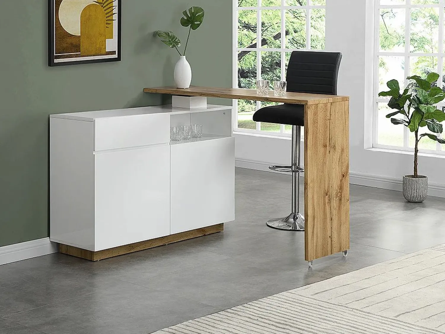 Vente-unique Mueble bar pivotante - 2 puertas 1 cajón 1 estante - MDF - Blanco lacado y roble - ELDIR