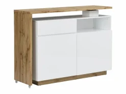 Vente-unique Mueble bar pivotante - 2 puertas 1 cajón 1 estante - MDF - Blanco lacado y roble - ELDIR