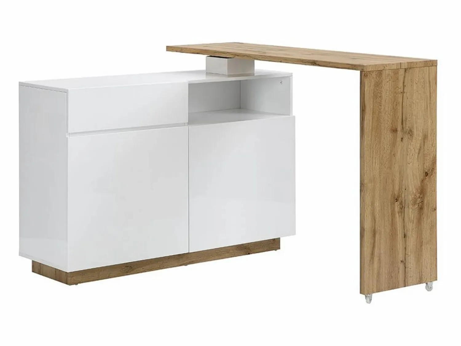 Vente-unique Mueble bar pivotante - 2 puertas 1 cajón 1 estante - MDF - Blanco lacado y roble - ELDIR