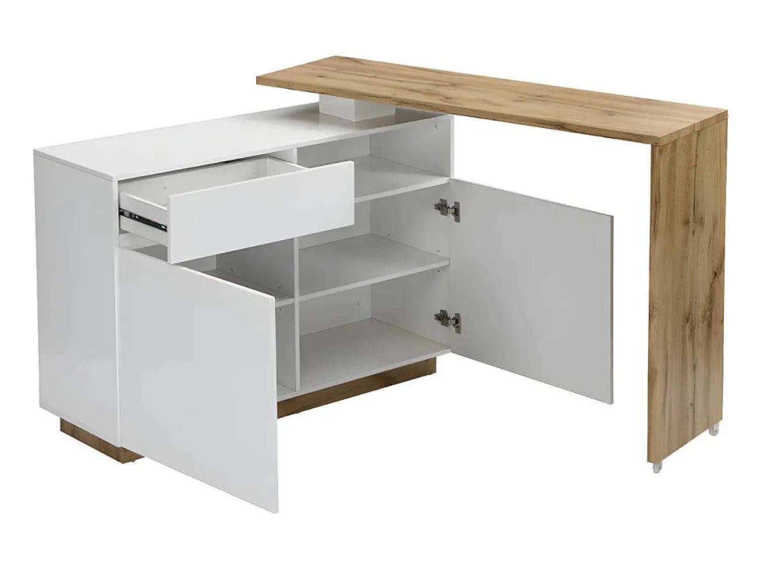 Vente-unique Mueble bar pivotante - 2 puertas 1 cajón 1 estante - MDF - Blanco lacado y roble - ELDIR