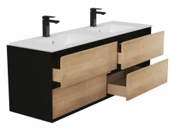 Vente-unique Mueble con lavabo empotrado - Color natural claro y negro - 150 cm - LANNICK