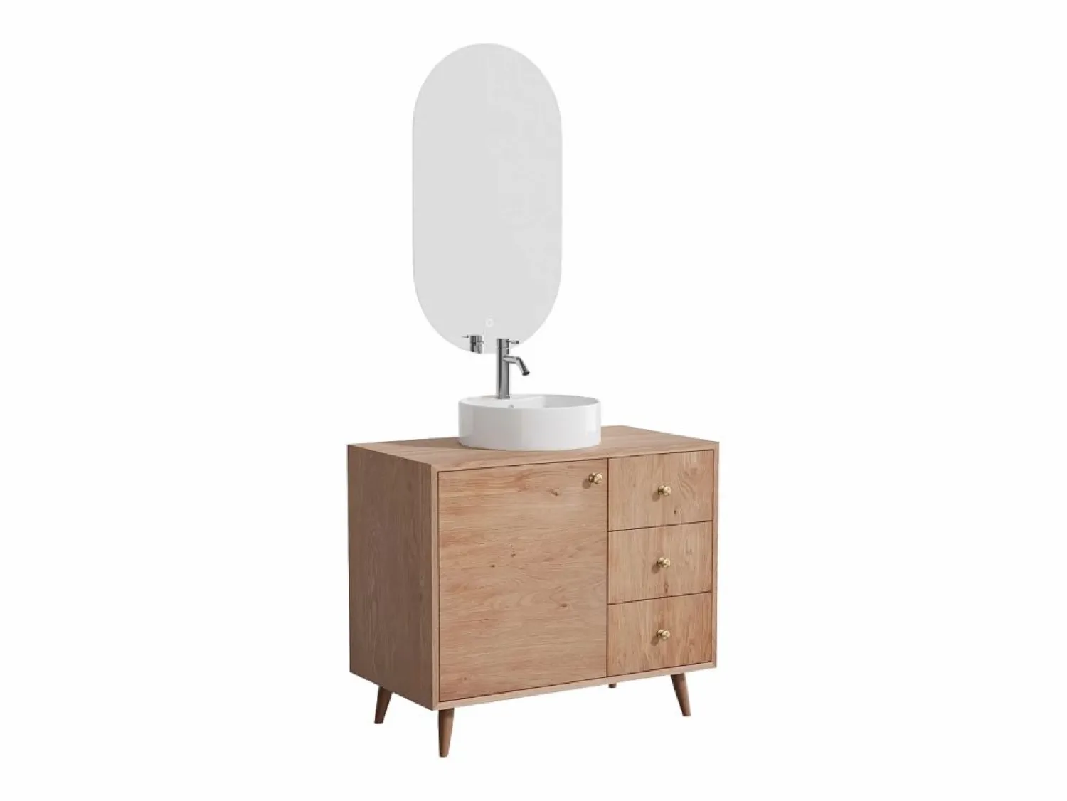 Online Vente-unique Mueble con lavabo simple de roble - Lavabo redondo de apoyo, espejo y grifo - 93 cm - ZARENO Color natural claro
