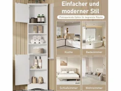 Clearance Merax Mueble de baño - 57,5 ​​x 28,5 x 160 cm - Con 2 puertas de cristal + 2 puertas de madera + 2 compartimentos abiertos Espacios - MDF - Gris Blanco
