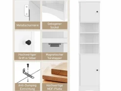 Clearance Merax Mueble de baño - 57,5 ​​x 28,5 x 160 cm - Con 2 puertas de cristal + 2 puertas de madera + 2 compartimentos abiertos Espacios - MDF - Gris Blanco