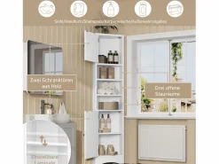 Clearance Merax Mueble de baño - 57,5 ​​x 28,5 x 160 cm - Con 2 puertas de cristal + 2 puertas de madera + 2 compartimentos abiertos Espacios - MDF - Gris Blanco
