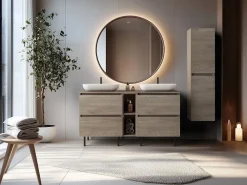 Mueble de baño 140 cm (2x 60 + 20) con encimera superior + patas para mueble, color: Roble Claro, 140 x 46 x 80,7 cm Mueble De Lavabo