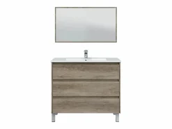Sale Mueble de Baño con 3 Cajones, Patas y Espejo, Modulo Lavabo con Acabado en Nordik - Dim: 100 cm (Ancho) x 86 cm (Alto) x 45 cm (Fondo) Conjunto De Baño