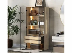 Mueble de baño con 2 puertas, 2 cajones grandes, LED integrado, MDF, madera clara, 73x36x155 cm Color natural oscuro