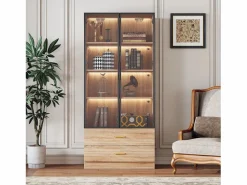 Online Hauss Spole Mueble de baño con 2 puertas de cristal y 2 cajones, LED incluido, cuerpo natural claro - 75x34,5x170cm Color natural claro