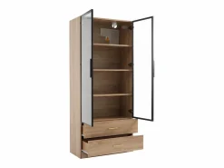 Online Hauss Spole Mueble de baño con 2 puertas de cristal y 2 cajones, LED incluido, cuerpo natural claro - 75x34,5x170cm Color natural claro
