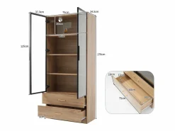 Online Hauss Spole Mueble de baño con 2 puertas de cristal y 2 cajones, LED incluido, cuerpo natural claro - 75x34,5x170cm Color natural claro