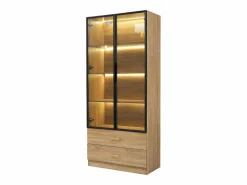 Online Hauss Spole Mueble de baño con 2 puertas de cristal y 2 cajones, LED incluido, cuerpo natural claro - 75x34,5x170cm Color natural claro