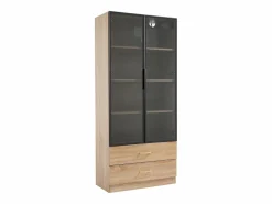 Online Hauss Spole Mueble de baño con 2 puertas de cristal y 2 cajones, LED incluido, cuerpo natural claro - 75x34,5x170cm Color natural claro