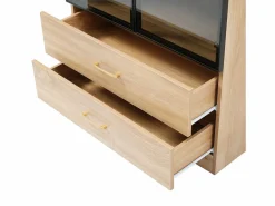 Online Hauss Spole Mueble de baño con 2 puertas de cristal y 2 cajones, LED incluido, cuerpo natural claro - 75x34,5x170cm Color natural claro