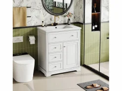 Best ModernLuxe Mueble de baño con lavabo de cerámica - 1 puerta y 3 cajones - (grifo no incluido) Blanco