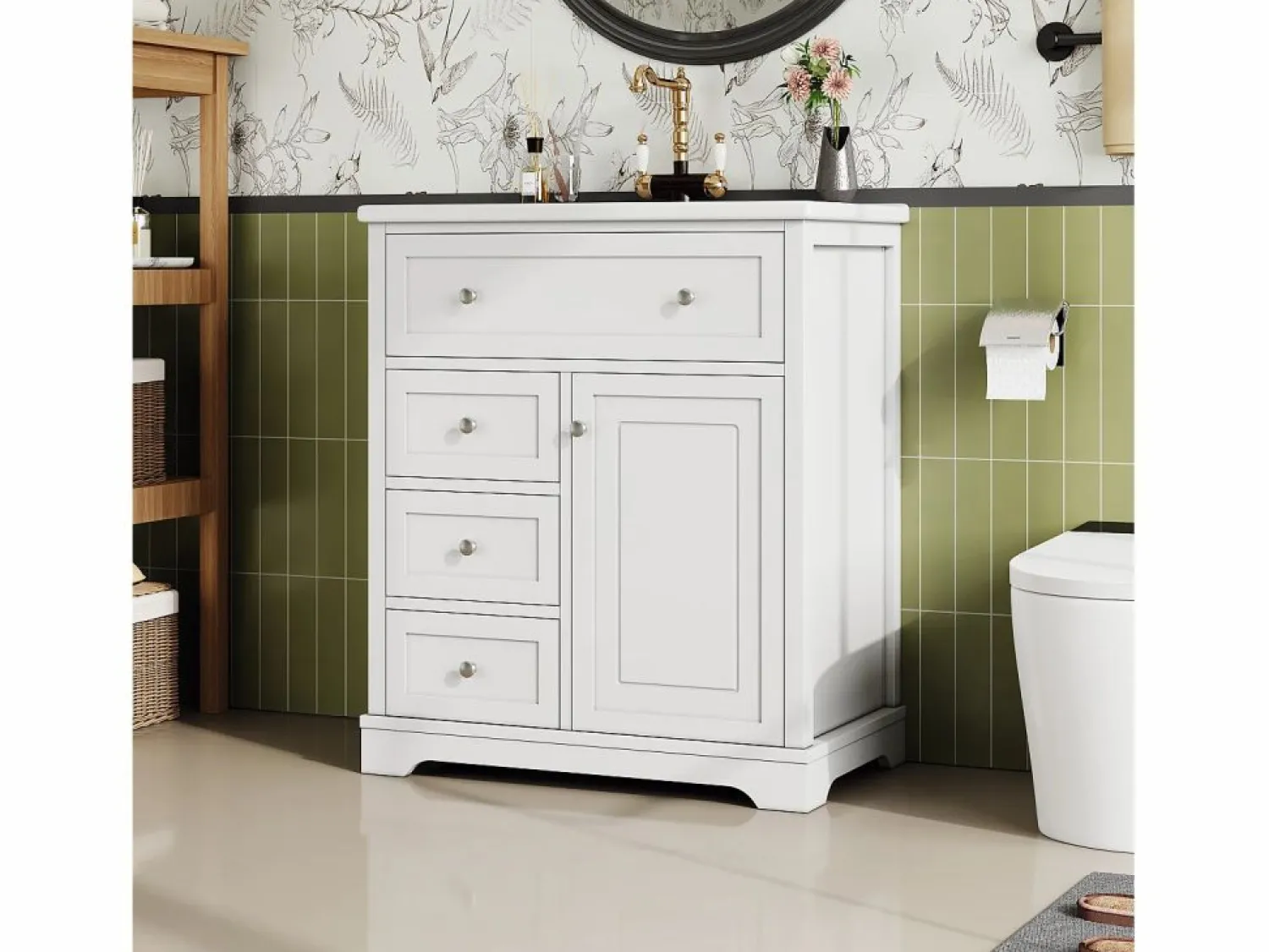 Best ModernLuxe Mueble de baño con lavabo de cerámica - 1 puerta y 3 cajones - (grifo no incluido) Blanco
