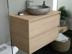 Vente-unique Mueble de baño con lavabo de piedra, 80 cm, MILIPAM Color natural claro