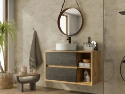 Sale Mueble de baño con lavabo redondo, natural y antracita, 100 cm, TIKITIKI Mueble De Baño Simple