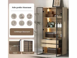 Merax Mueble de baño con LEDs - 74 x 36 x 155 cm - 2 cajones grandes y 2 puertas de cristal - Madera MDF - natural