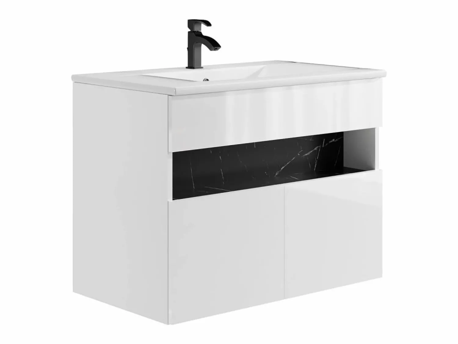 Online Mueble de baño con luces LED, lavabo empotrable, blanco y negro mármol, 80 cm, POZEGA Mueble De Baño Simple