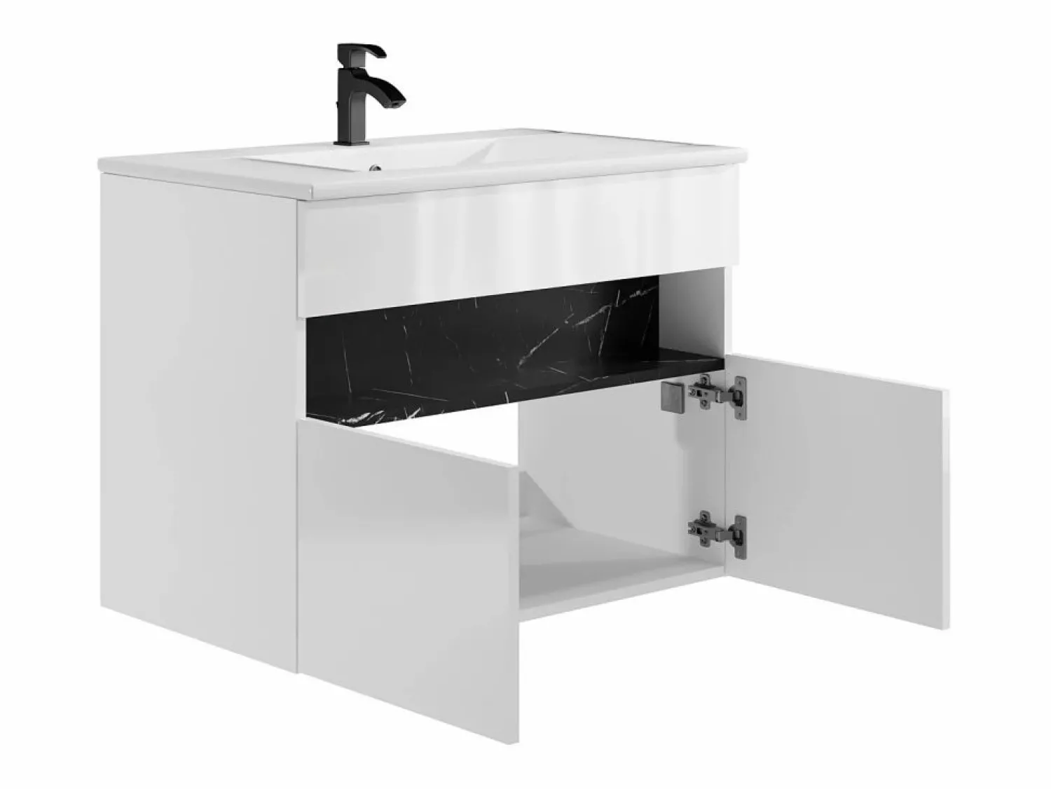 Online Mueble de baño con luces LED, lavabo empotrable, blanco y negro mármol, 80 cm, POZEGA Mueble De Baño Simple