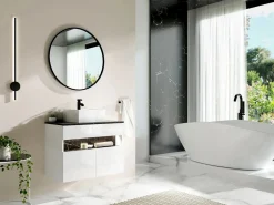 Vente-unique Mueble de baño con luces LED y lavabo sobre encimera - Blanco y negro - Ancho 80 cm - POZEGA