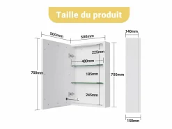 Outlet Mueble de baño de pared con espejo, LED, estante regulable - 70x15x60 cm Blanco