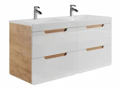 Vente-unique Mueble de baño doble lavabo color natural y blanco con columnas, L120 cm, ARUBA
