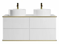 Vente-unique Mueble de baño estriado con ribete dorado, doble lavabo para colocar, 120 cm, KELIZA Blanco