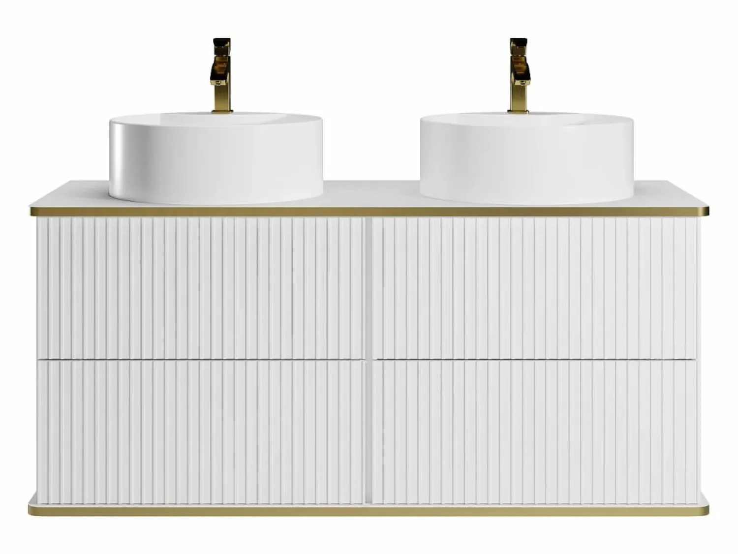 Vente-unique Mueble de baño estriado con ribete dorado, doble lavabo para colocar, 120 cm, KELIZA Blanco