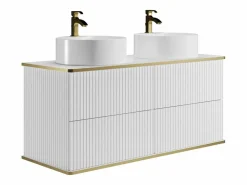 Vente-unique Mueble de baño estriado con ribete dorado, doble lavabo para colocar, 120 cm, KELIZA Blanco