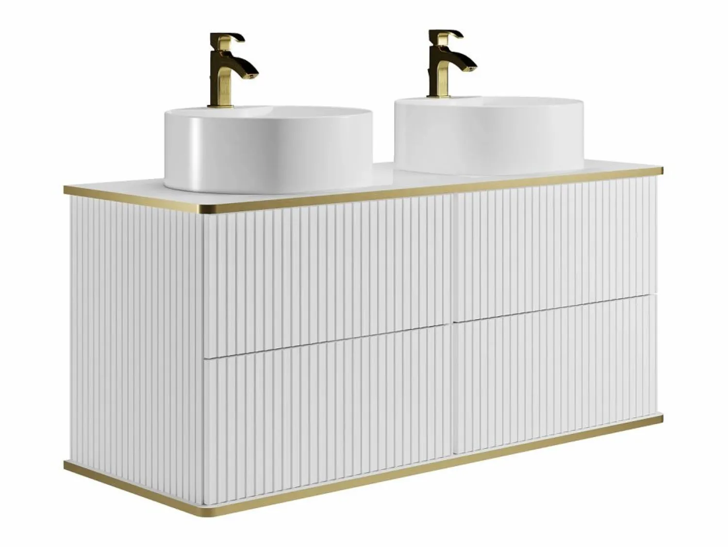 Vente-unique Mueble de baño estriado con ribete dorado, doble lavabo para colocar, 120 cm, KELIZA Blanco
