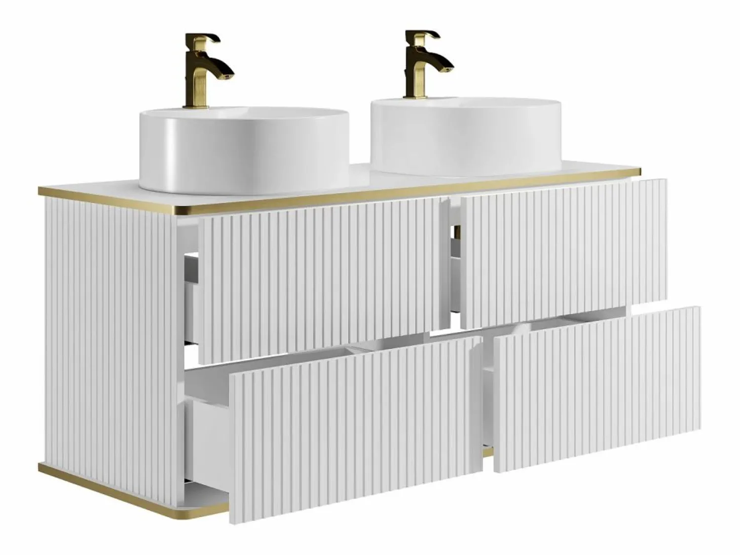 Vente-unique Mueble de baño estriado con ribete dorado, doble lavabo para colocar, 120 cm, KELIZA Blanco